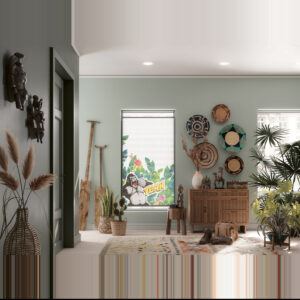 „Ein modernes Wabenplissee aus der MHZ-Kollektion 'sieger design' mit dem Muster 'Marvellous Monkey'. Das hellgraue Plissee zeigt ein dezentes, grafisches Affen-Motiv und ist mittig an einem hohen Fenster positioniert, wodurch oben und unten Tageslicht einfällt.