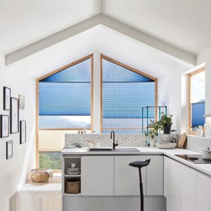 Dieses Bild Zeigt ein im Fenster verspanntes Plissee in Sonderform